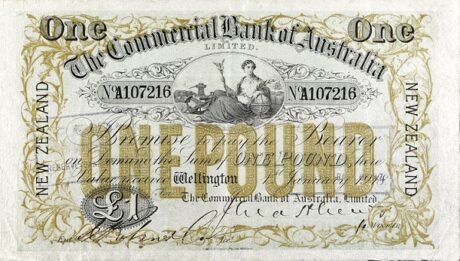 Аверс банкноты Banknot 1 funta Banku Handlowego Australii (Nowa Zelandia) z 1914 r.