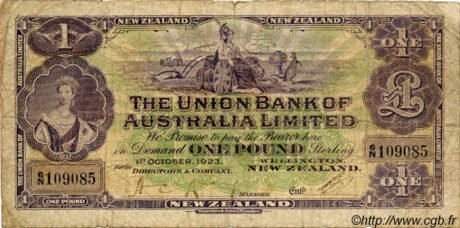 Аверс банкноты 1 фунт «Victoria Union Bank of Australia Limited» (Новая Зеландия) 1923 года