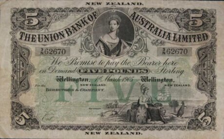 Аверс банкноты 5 фунтов «Victoria Union Bank of Australia Limited» (Новая Зеландия) 1905 года