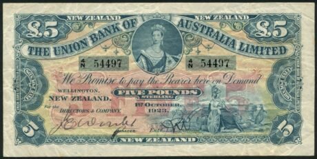 Аверс банкноты 5 фунтов «Victoria Union Bank of Australia Limited» (Новая Зеландия) 1923 года