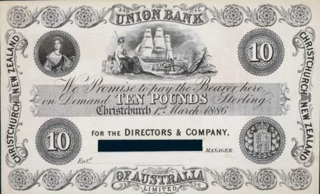 Аверс банкноты 10 фунтов «Victoria Union Bank of Australia Limited» (Новая Зеландия) 1886 года