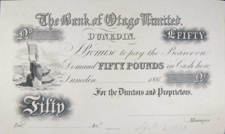 Аверс банкноты 50 фунтов Банка Отаго Лимитед (Новая Зеландия) 1860 года