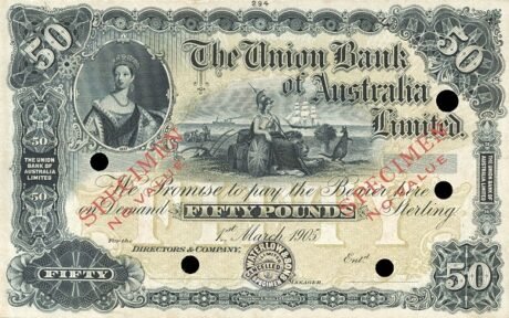 Аверс банкноты 50 фунтов «Victoria Union Bank of Australia Limited» (Новая Зеландия) 1905 года