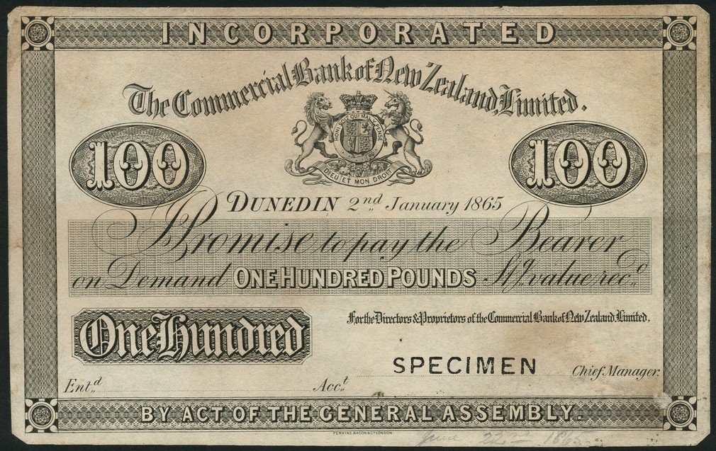 Аверс банкноты 100 Pounds Commercial Bank of New Zealand Ltd. (Новая Зеландия) 1865 года