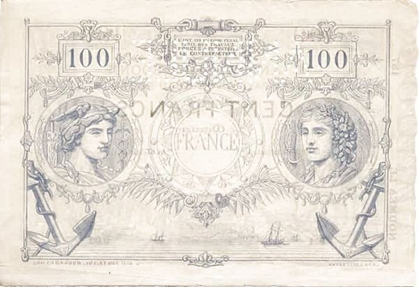 Реверс банкноты 100 франков (Новая Каледония) 1874 года