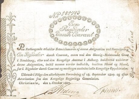 Аверс банкноты 1 ригсбанкдалер (Норвегия) 1807 года