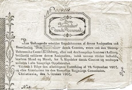 Аверс банкноты 5 ригсбанкдалер (Норвегия) 1807 года