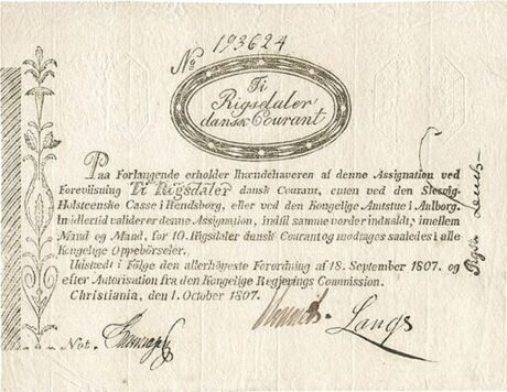 Аверс банкноты 10 ригсбанкдалер (Норвегия) 1807 года