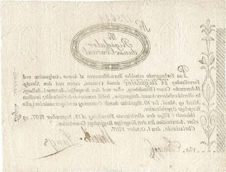 Реверс банкноты 10 ригсбанкдалер (Норвегия) 1807 года