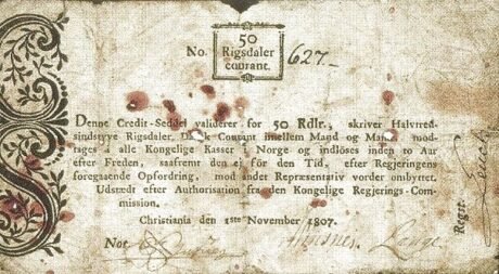 Аверс банкноты 50 ригсбанкдалер (Норвегия) 1807 года