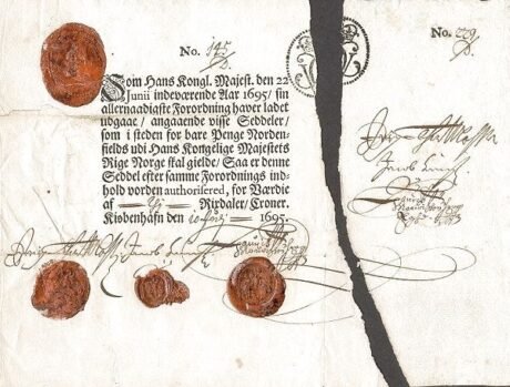 Аверс банкноты 10 ригсбанкдалер (Норвегия) 1695 года