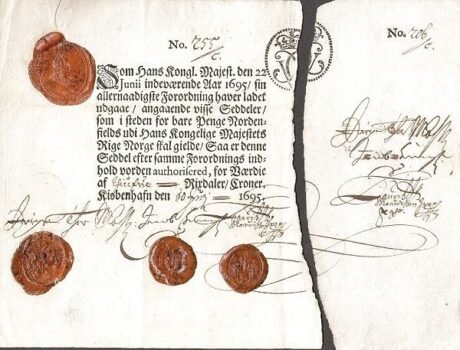 Аверс банкноты 20 Rigsbankdaler (Norwegia) 1695