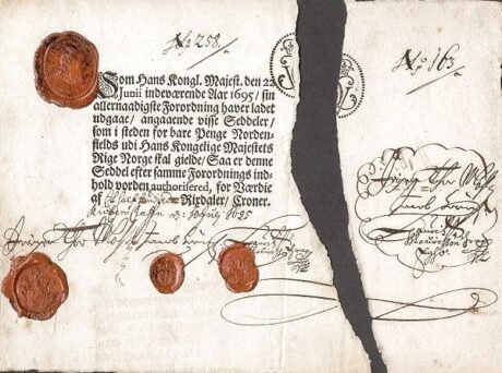 Аверс банкноты 50 ригсбанкдалер (Норвегия) 1695 года