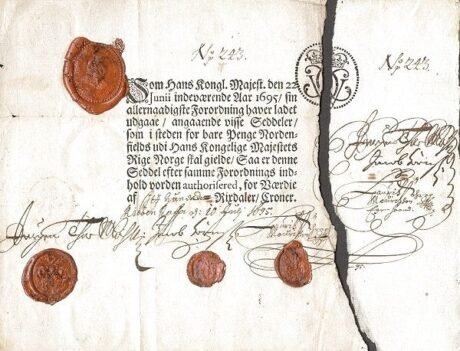 Аверс банкноты 100 ригсбанкдалер (Норвегия) 1695 года