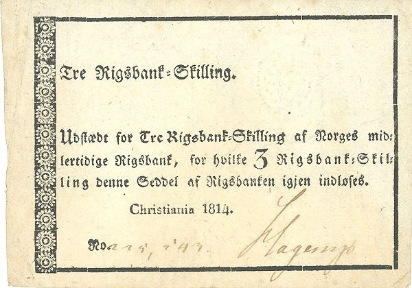 Аверс банкноты 3 ригсбанкдалер (Норвегия) 1814 года