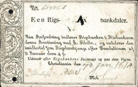 Аверс банкноты 1 ригсбанкдалер (Норвегия) 1813 года