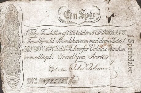 Аверс банкноты 1 специедалер (Норвегия) 1827 года