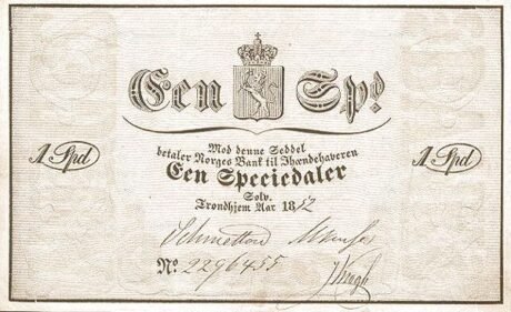 Аверс банкноты 1 spetsiedaler (Norway) 1852