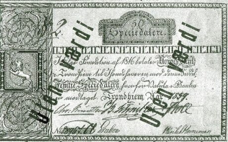 Аверс банкноты 50 специедалер (Норвегия) 1839 года