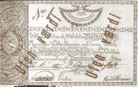 Аверс банкноты 100 специедалер (Норвегия) 1840 года