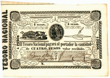 Аверс банкноты 4 песо Тесоро Насьональ (Парагвай) 1862 года