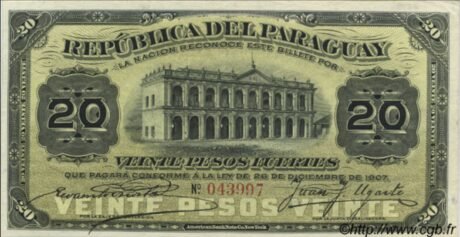 Аверс банкноты 20 песо (Парагвай) 1907 года