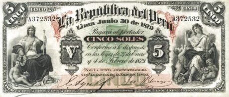 Аверс банкноты 5 soli (Peru) 1879