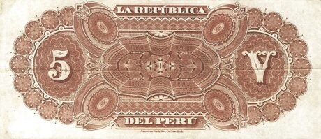 Реверс банкноты 5 soli (Peru) 1879