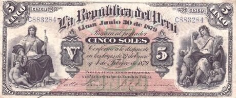 Аверс банкноты 5 soli (Peru) 1879