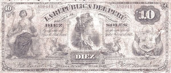 Аверс банкноты 10 солей (Перу) 1879 года