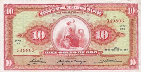 Аверс банкноты 10 золотых солей (Перу) 1965 года