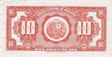 Реверс банкноты 10 золотых солей (Перу) 1965 года