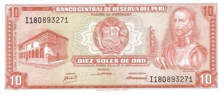 Аверс банкноты 10 золотых солей (Перу) 1968 года