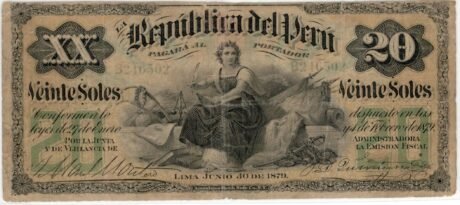 Аверс банкноты 20 soli (Peru) 1879