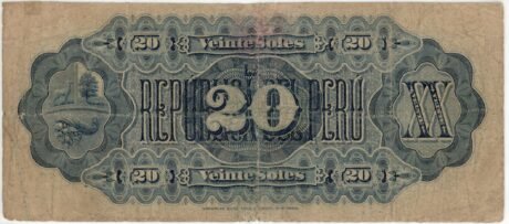 Реверс банкноты 20 soli (Peru) 1879