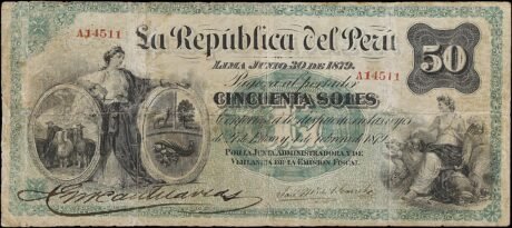 Аверс банкноты 50 soli (Peru) 1879
