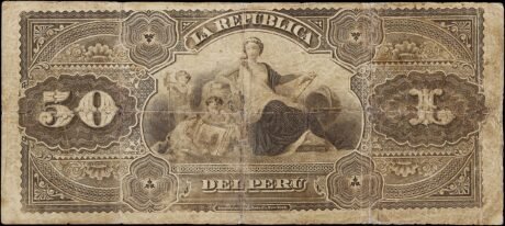 Реверс банкноты 50 soli (Peru) 1879