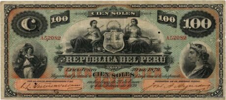Аверс банкноты 100 soli (Peru) 1879