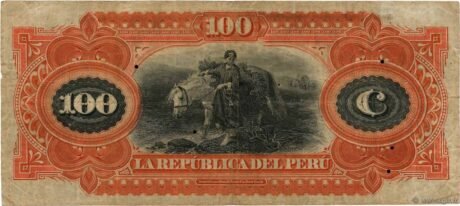 Реверс банкноты 100 soli (Peru) 1879