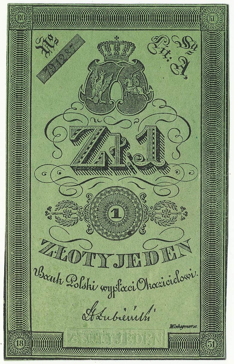 Аверс банкноты 1 злотый (Польша) 1831 года