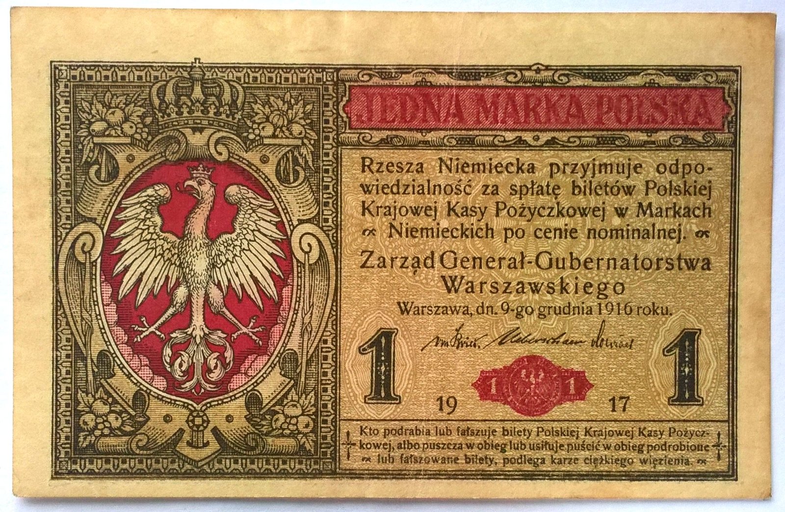 Аверс банкноты 1 марка (Польша) 1916 года