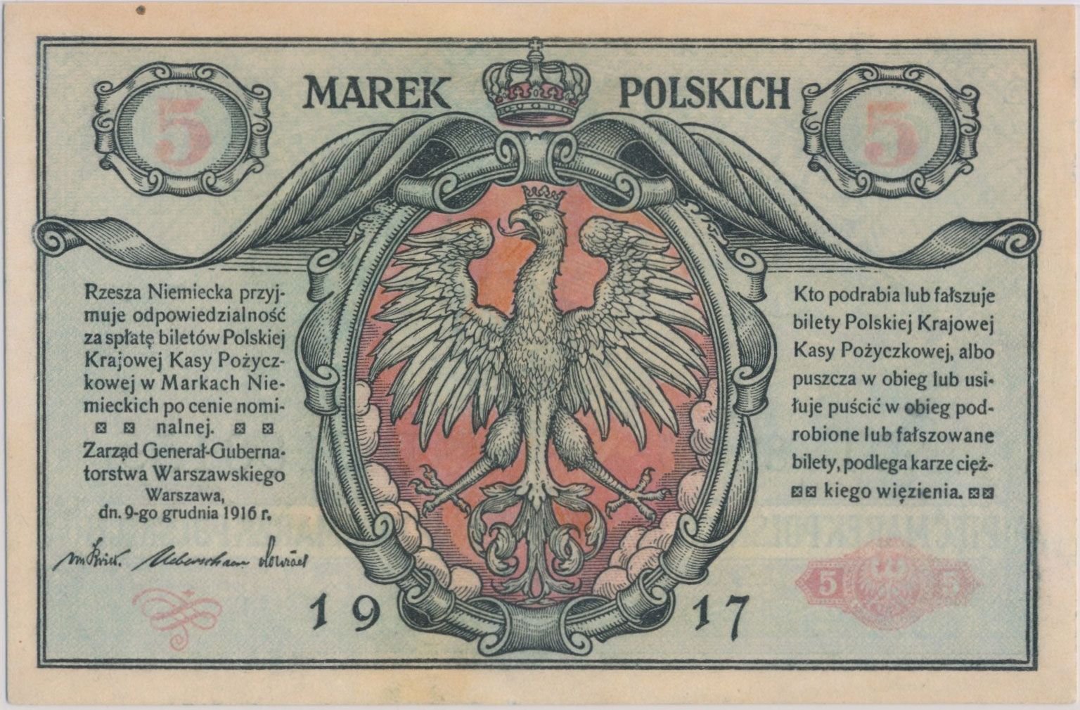 Аверс банкноты 5 марки (Польша) 1916 года