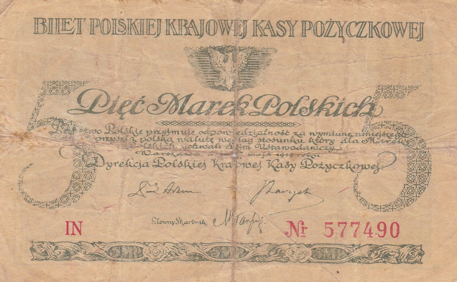 Аверс банкноты 5 марки (Польша) 1919 года