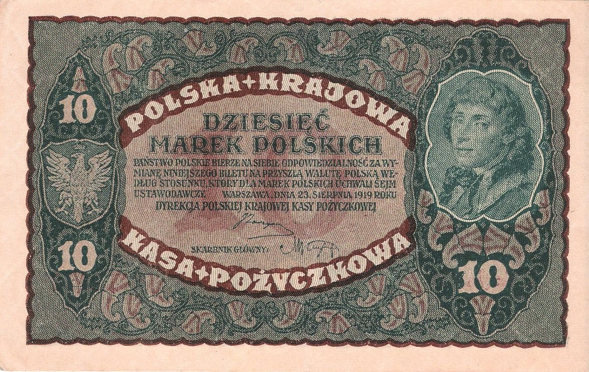 Аверс банкноты 10 марки (Польша) 1919 года