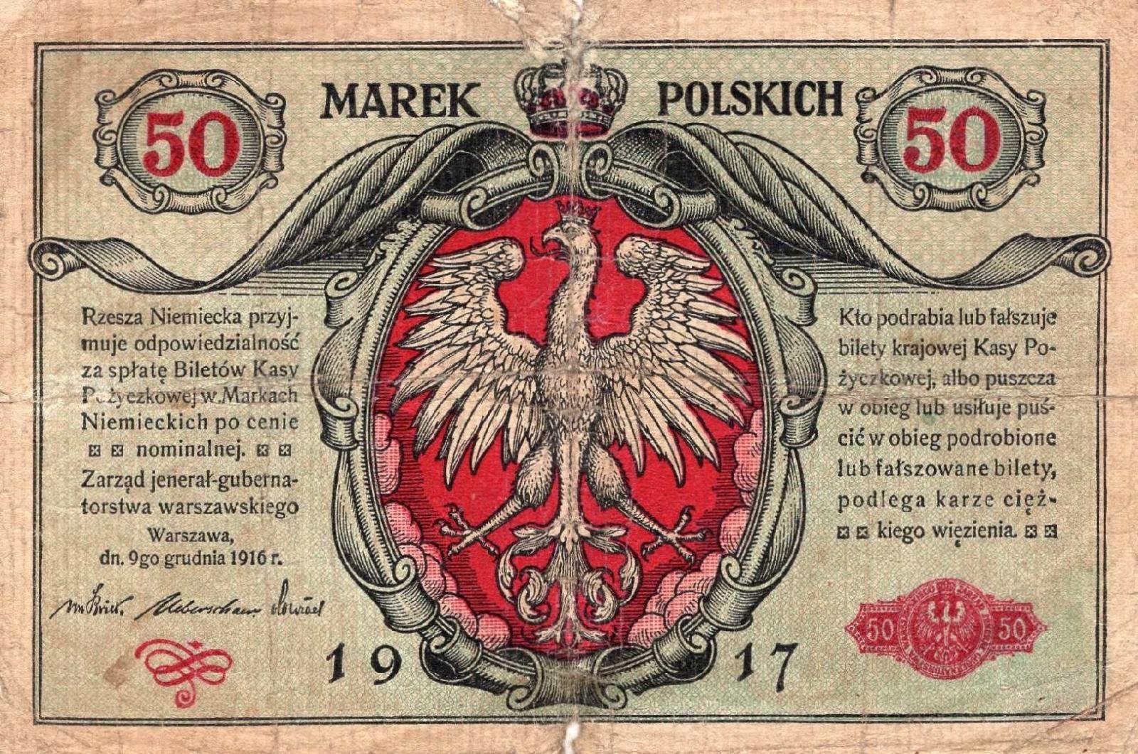 Аверс банкноты 50 марок (Польша) 1916 года