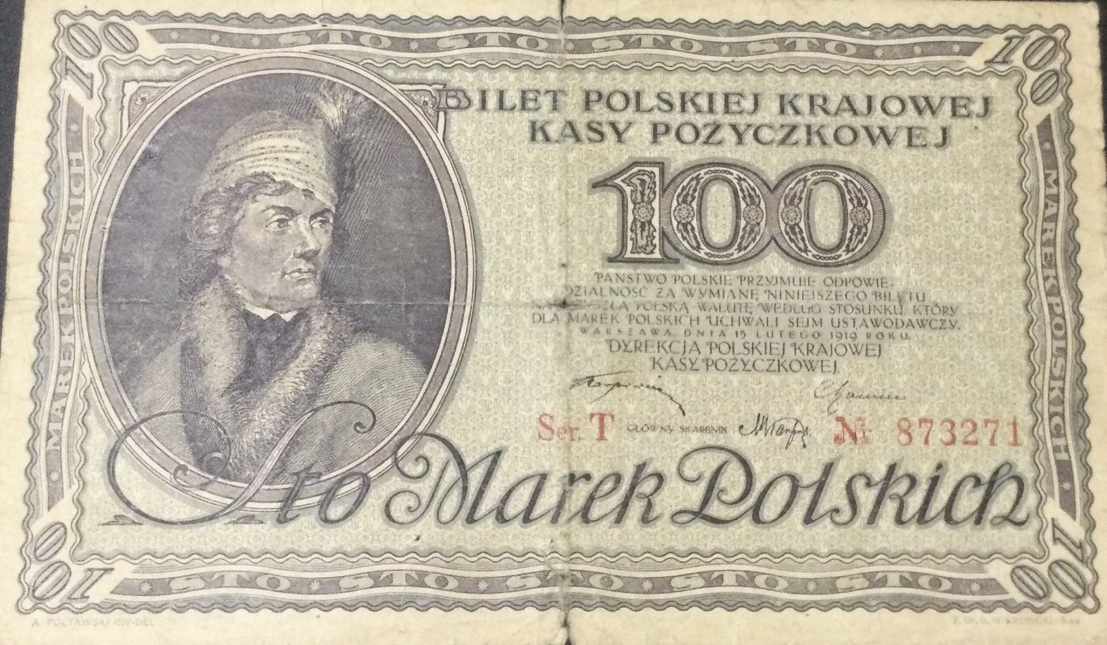 Аверс банкноты 100 марок (Польша) 1919 года