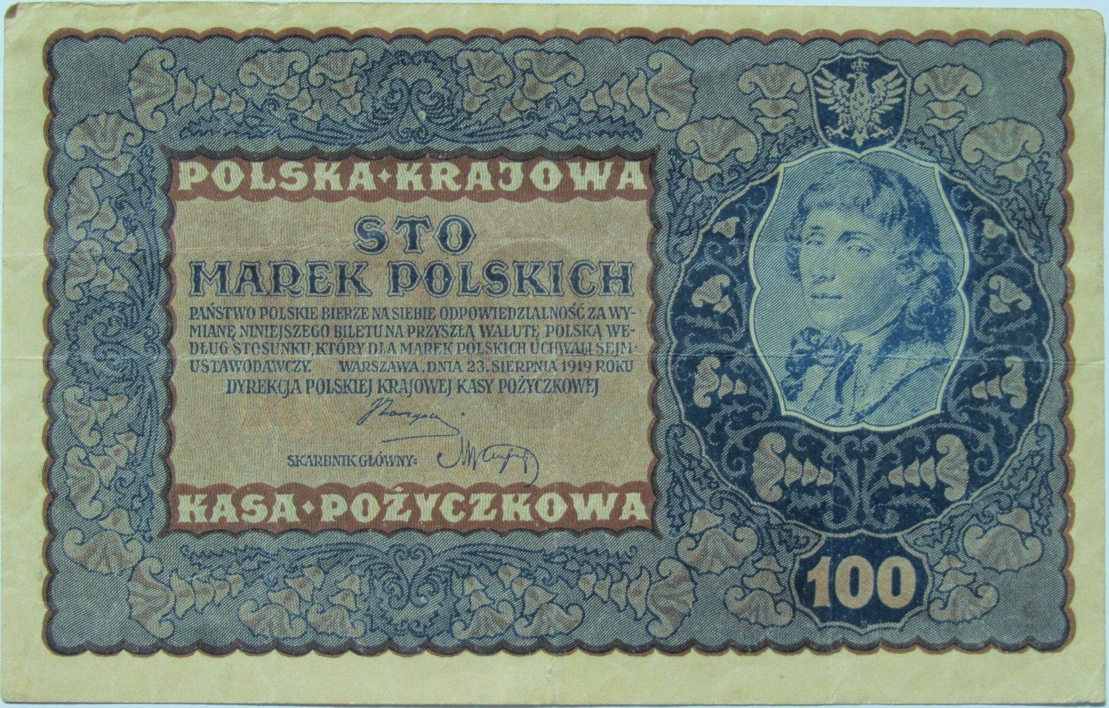 Аверс банкноты 100 марок (Польша) 1919 года