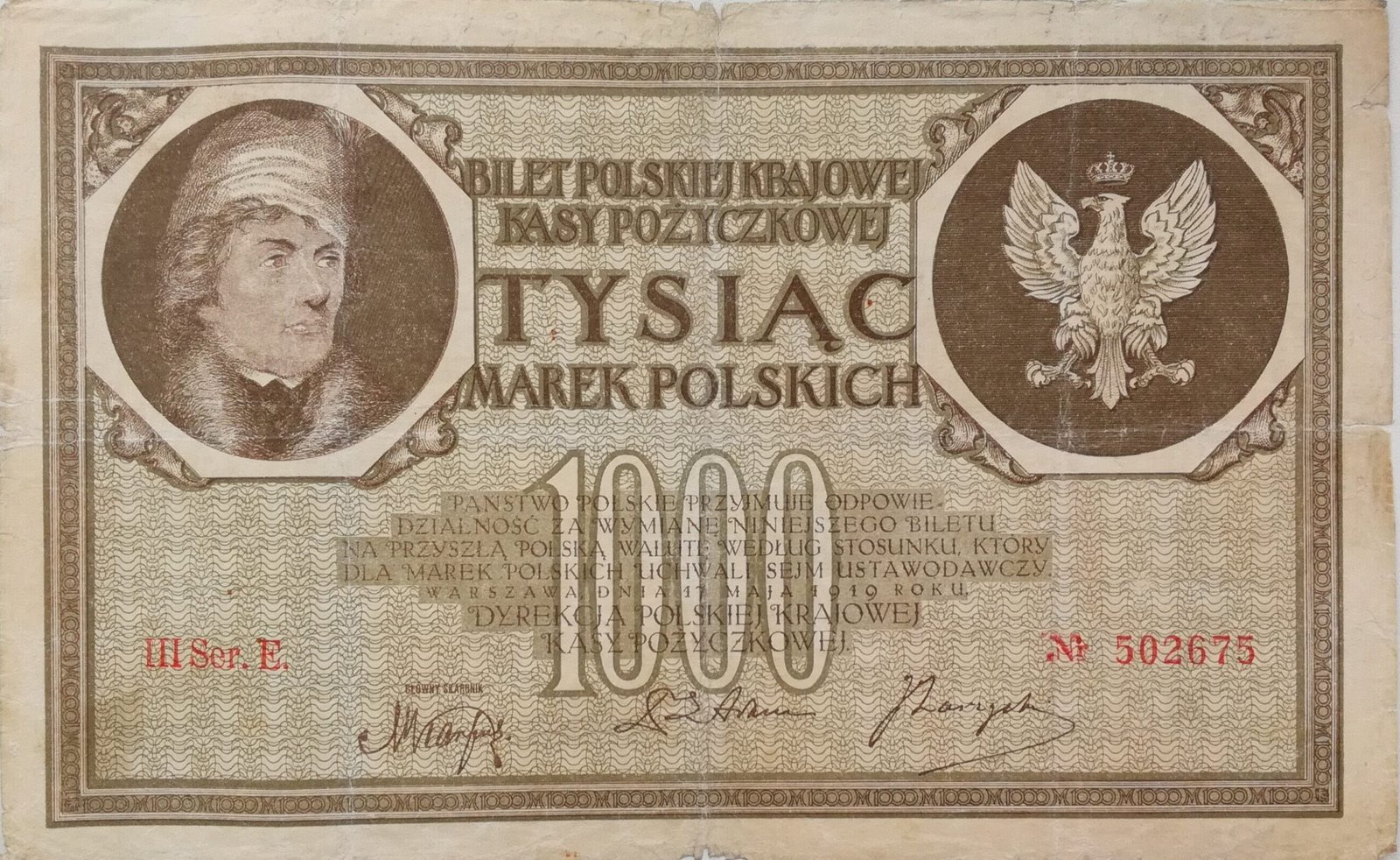 Аверс банкноты 1000 марок (Польша) 1919 года