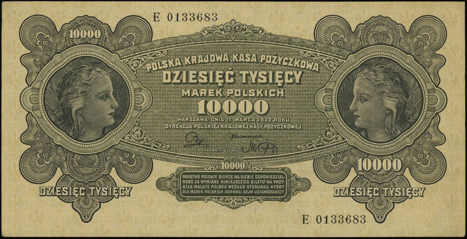 Аверс банкноты 10000 марок (Польша) 1922 года