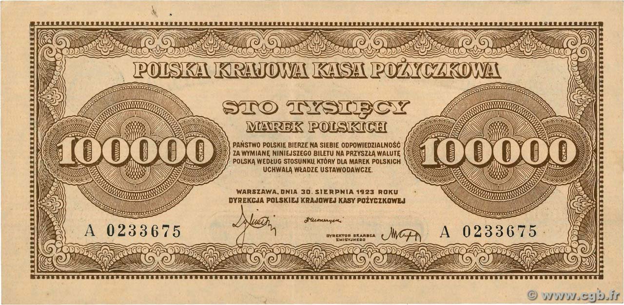 Аверс банкноты 100000 марок (Польша) 1923 года